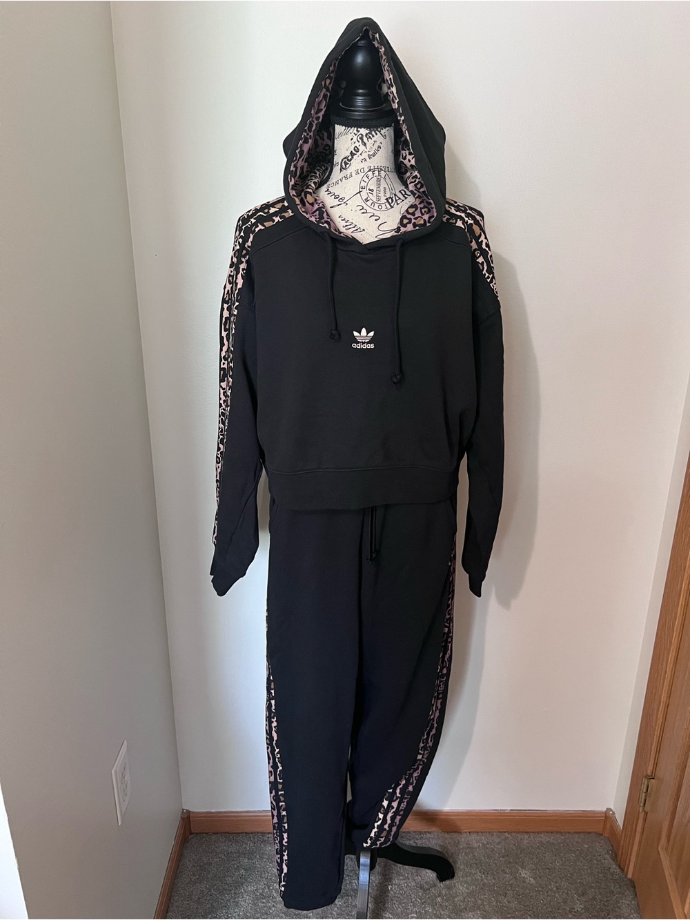 Adidas Originals Leopard Print 2-Piece Tracksuit Set, Hooded Crop Top & Joggers